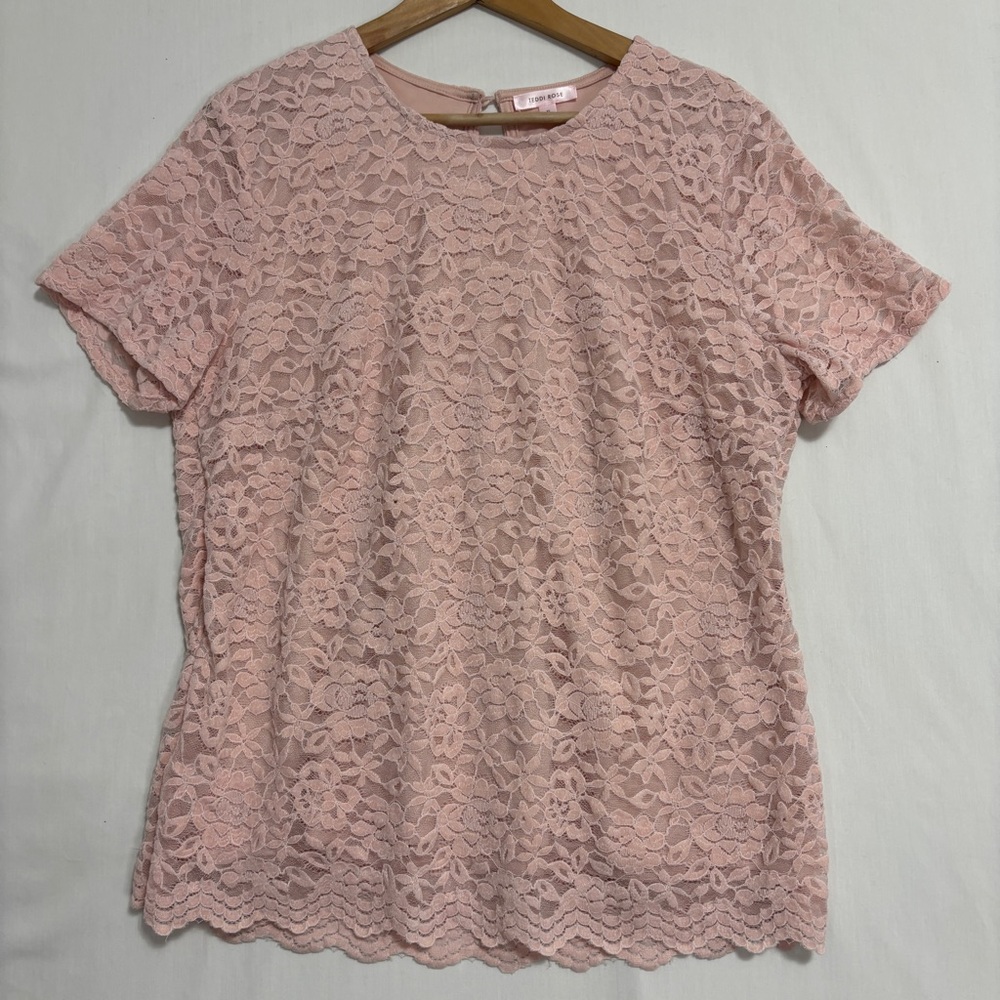 Teddi Rose Velvet Lace‎ Blouse Womens XL Fairy Coquette Short Sleeve Soft Pink